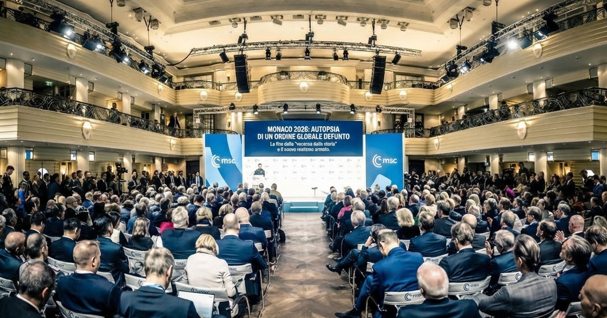 Immagine della sala della conferenza sulla sicurezza di Monaco elaborate e modificata mediante AI e di libero uso